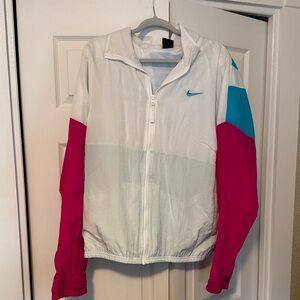 Nike White and Pink Jacket with Blue Logo